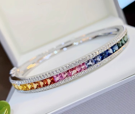 Red Moose whole S925 sterling silver two rows of diamonds inlaid with rainbow blue bracelet female French light luxury niche personality