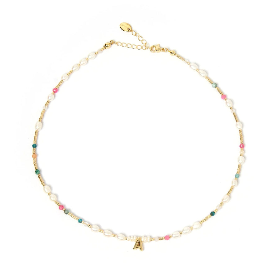 Personalized Natural Stone & Freshwater Pearl Letter Necklace, Colorful Beach Vacation Choker for Unique Style
