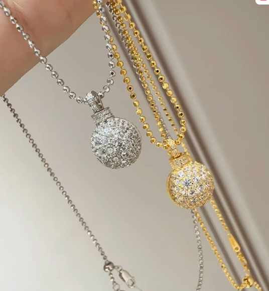 Lucky Rotatable Ball Sparkling Christmas Necklace Hand Brushed 925 Silver Gold Plated Italian style with Cubic Zironia